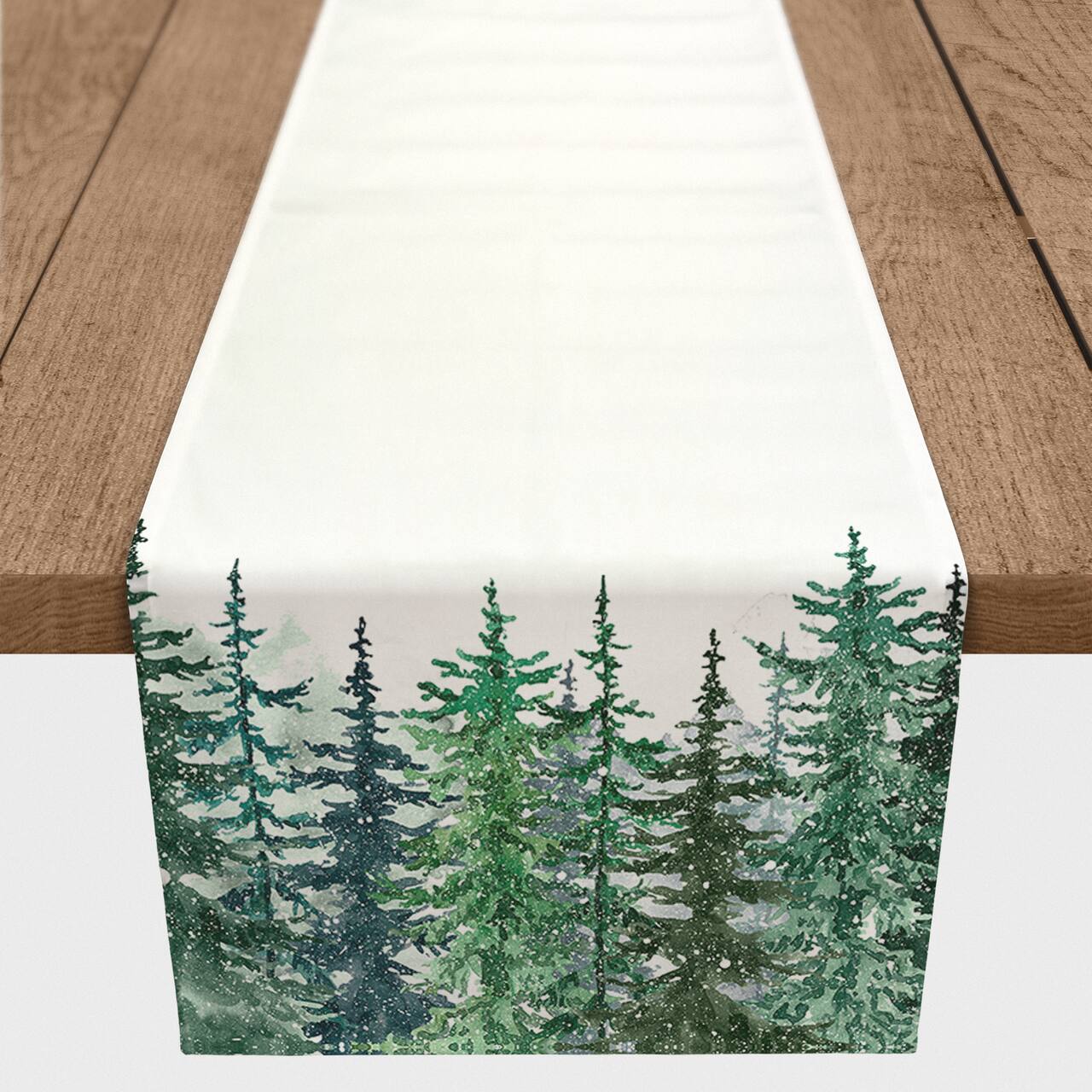 72" Winter Watercolor Pine Forest Poly Twill Table Runner
